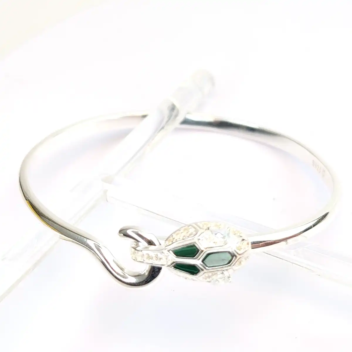White Topaz and Malachite Silver Dragon Bangle - Image 3