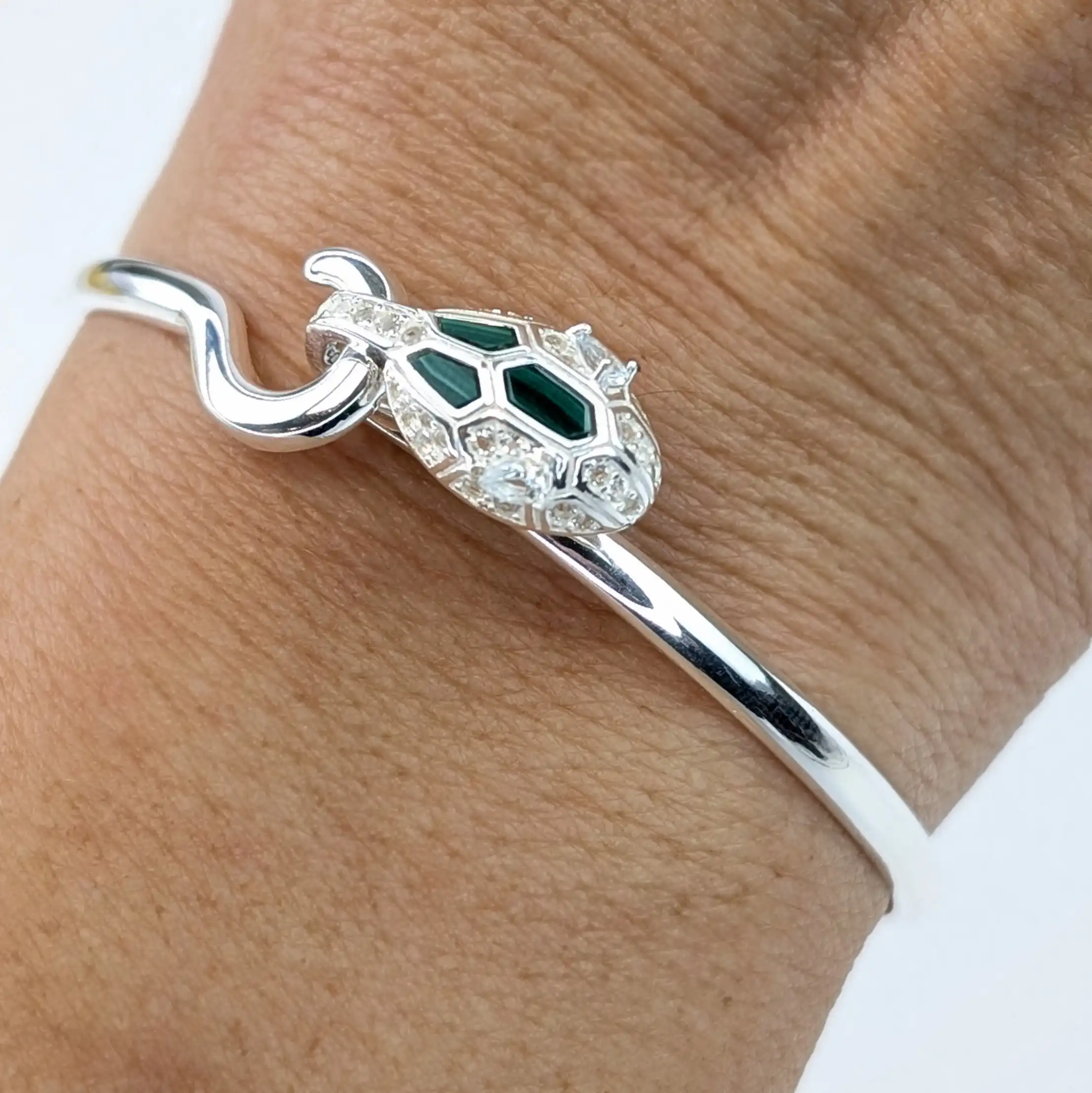 White Topaz and Malachite Silver Dragon Bangle - Image 6