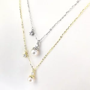 Single Pearl and CZ Silver Necklace