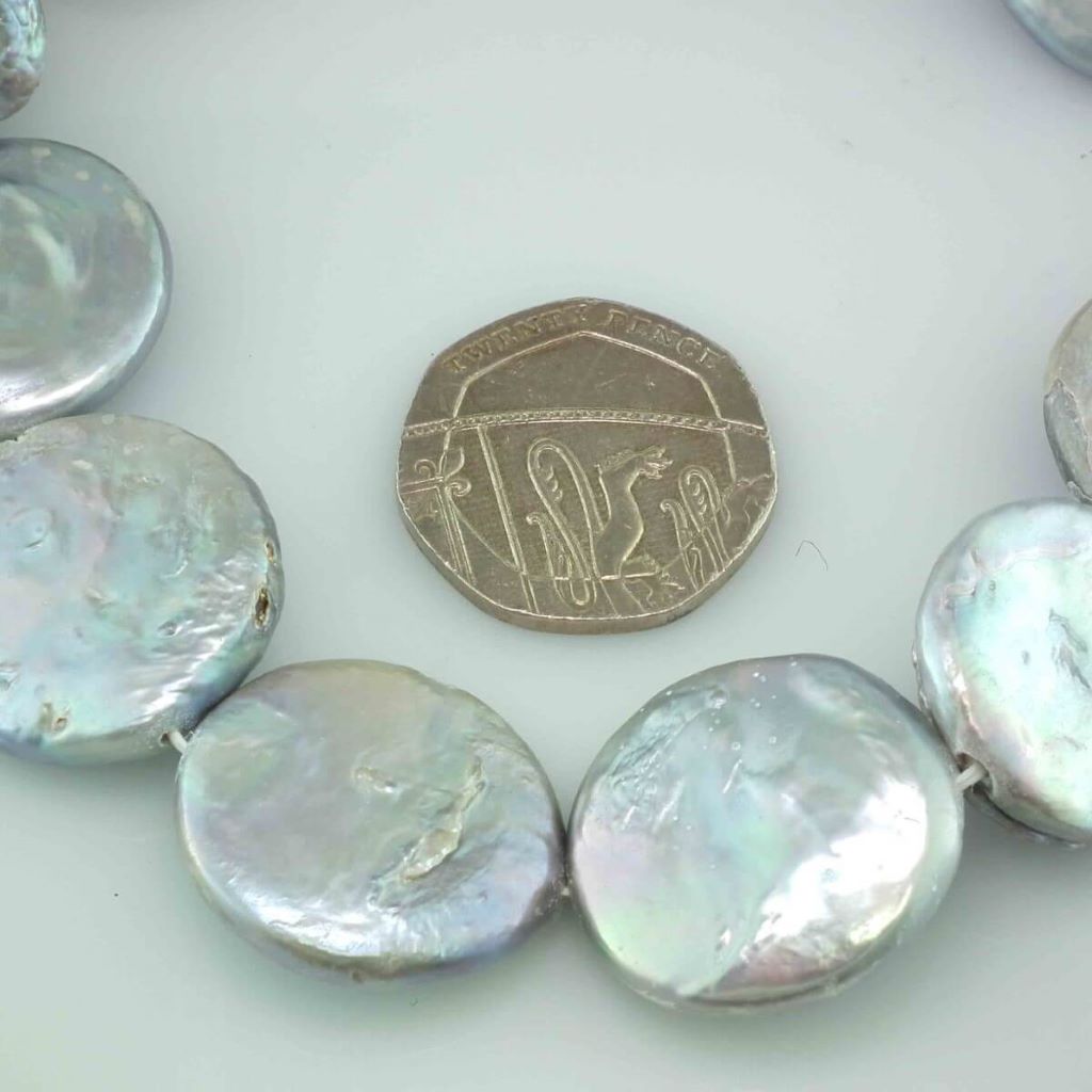 20mm Freshwater Silver Coin Pearls, Loose Pearl String - Image 2
