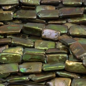 Oblong Flat Lozenge-shaped Freshwater Pearl String, Greeny-bronze